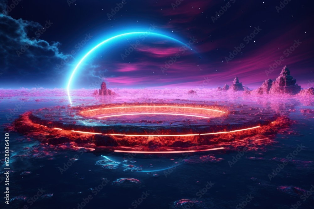Illustration of a futuristic landscape with a glowing ring, created using generative AI