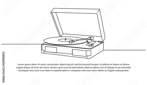 Retro music player turntable one continuous line design. Decorative elements drawn on a white background.