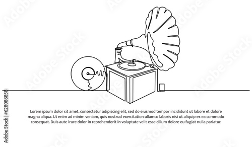 Retro analog gramophone one continuous line design. Decorative elements drawn on a white background.