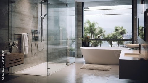 Modern Interior of bathroom with a shower area and bathtub, Generative AI