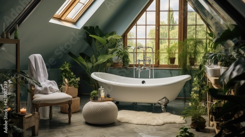 Bright and Elegant attic glass bathroom with bathtub and subway tile and a variety of green plants of deep forest style  Generative AI