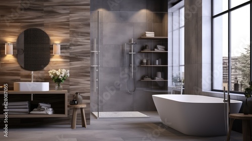 Modern Interior of bathroom with a shower area and bathtub  Generative AI