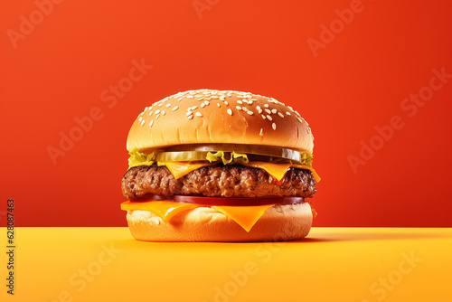 Delicious burger hamburger grill restaurant snack juicy bread meat develop digital effect fantasy futurism generative ai red background
