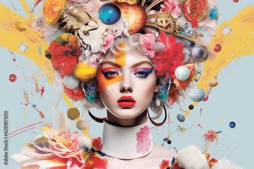 Portrait bright collage generative ai illustration of young gorgeous lady brazil carnival headwear decorated isolated on drawn background