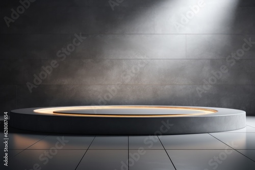 Light gray wall with a podium and beautiful lighting. Background for product presentation. Generative AI
