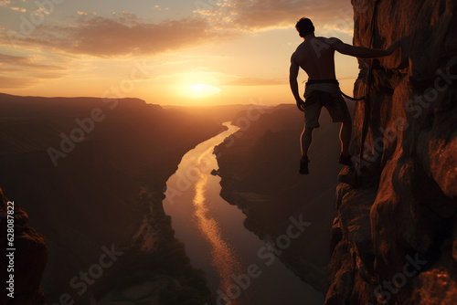 A muscular man standing on an edge of a cliff . sunset view