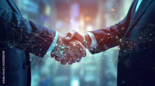 Double exposure image of investor business man handshake with partner with digital network link. Illustrative Generative AI. Not a real person.