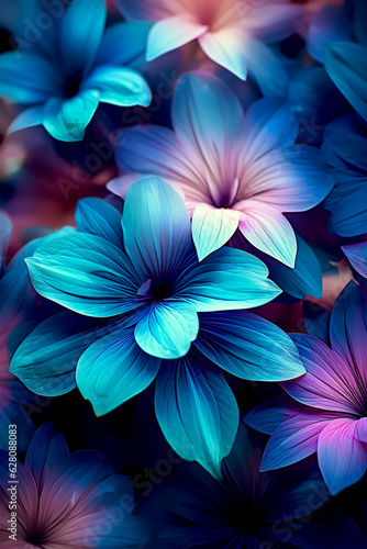 Beautiful flowers and leaves in neon light in a dark style.