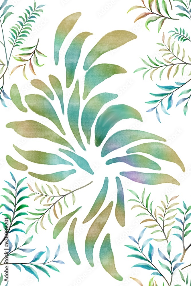 Hand drawn colorful leaves in watercolor, retro style.
