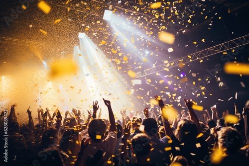 stage lights and confetti falling at live rock concert or party photo