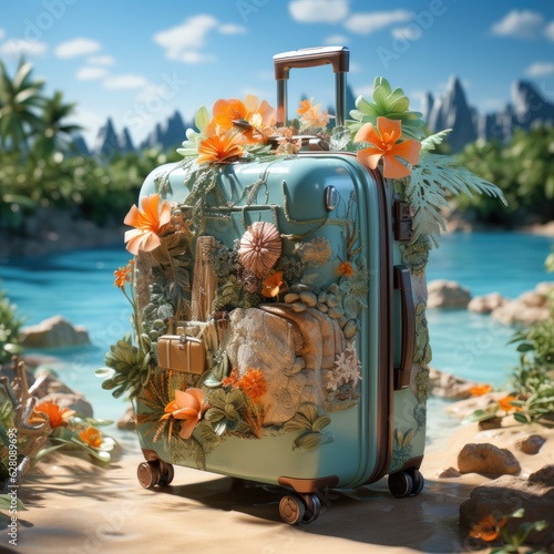 Traveling suitcase with things collected for vacation. Suitcase with different beach, accessories, photo camera and other things