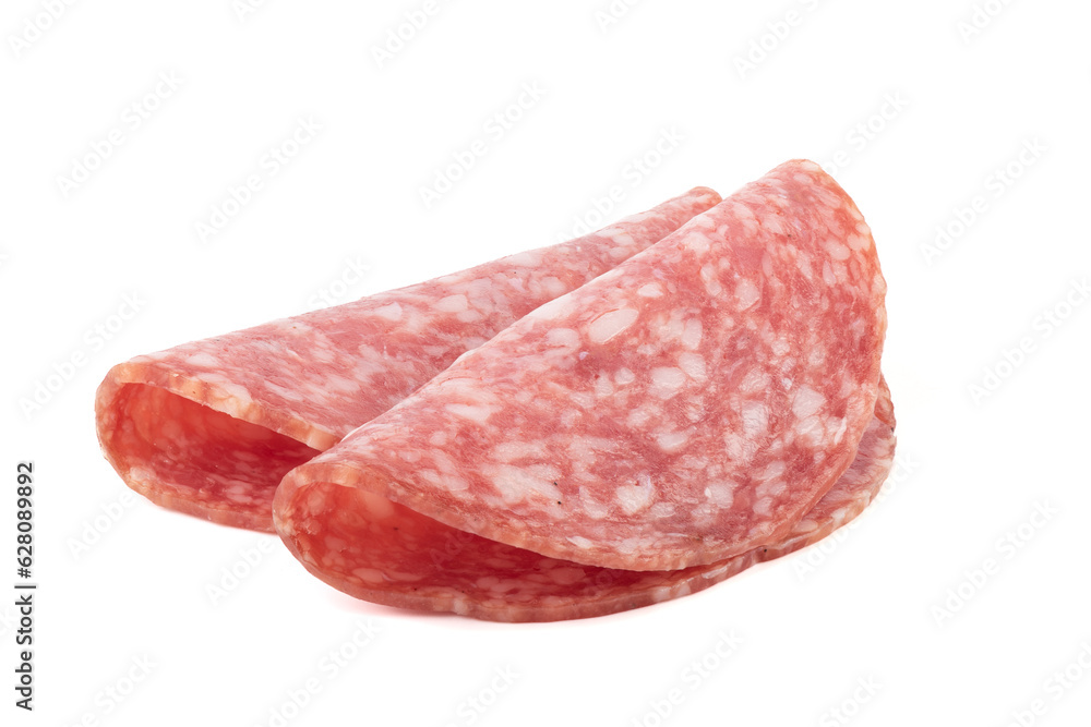 Two slices of delicious smoked sausage isolated on white background.