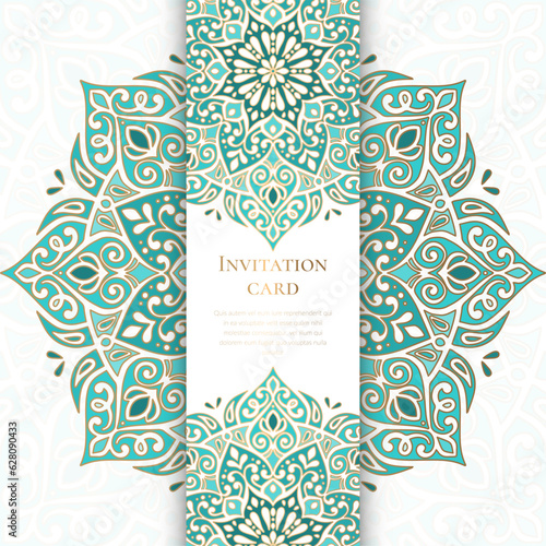 Turquoise luxury invitation card design with vector mandala ornament pattern. Vintage template. Can be used for background and wallpaper. Elegant and classic vector elements great for decoration.