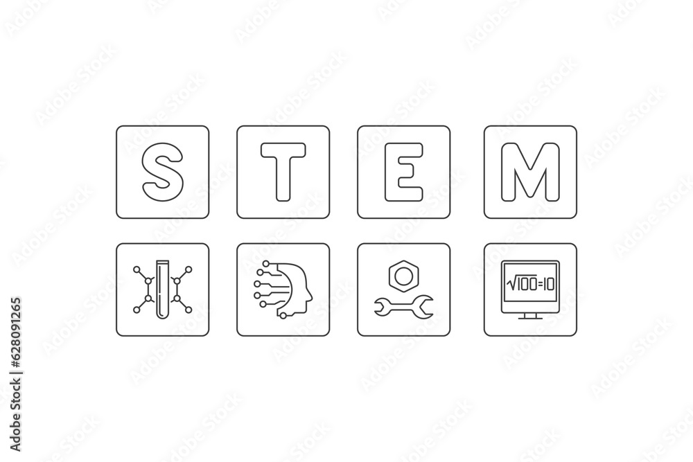 Science, Technology, Engineering and Math Education thin line vector horizontal banner - STEM concept linear illustration Science, Technology, Engineering and Math Education thin line vector horizontal banner - STEM concept linear illustration