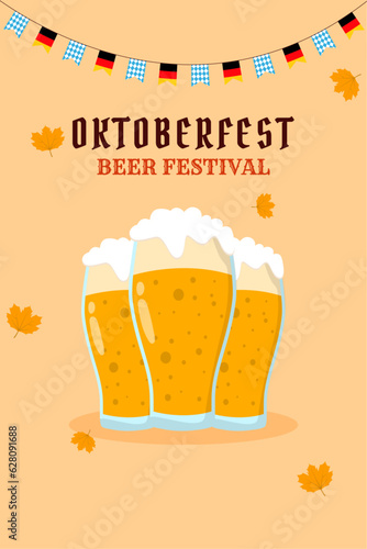 Flat background for oktoberfest celebration. A mug of beer, a bottle of beer, a pretzel, a sausage. 