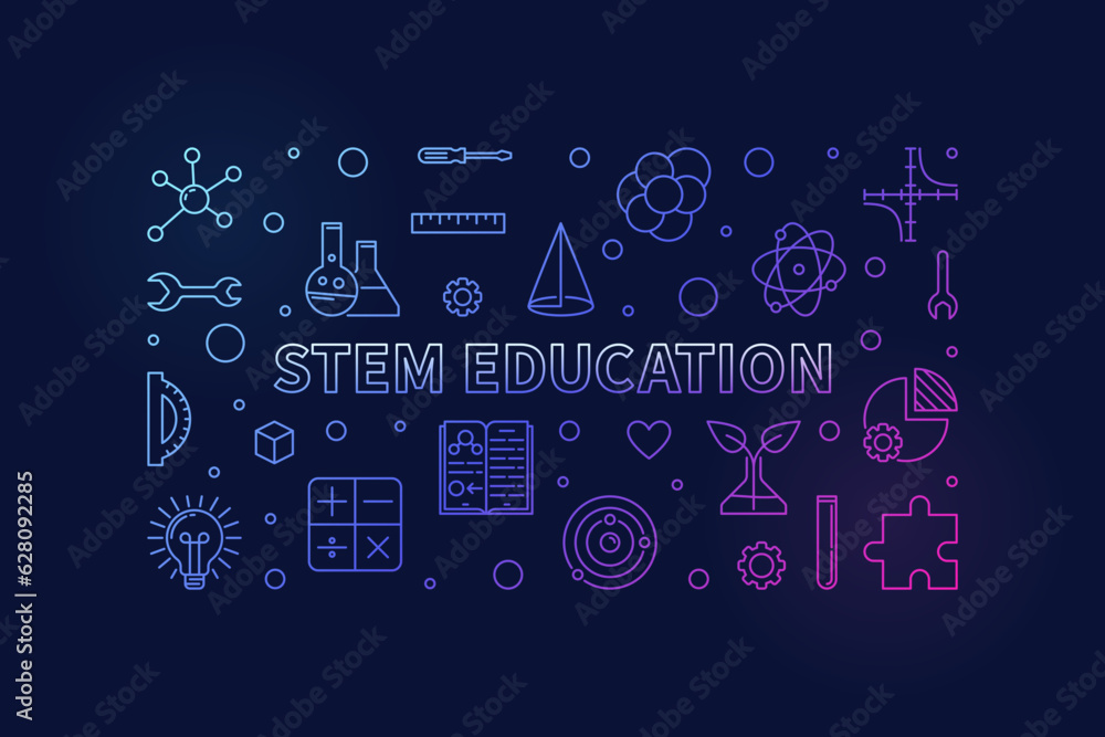 Fototapeta premium STEM Science, Technology, Engineering, Mathematics Education thin line concept colorful horizontal banner - vector Illustration