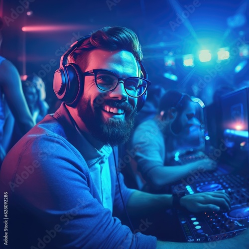 DJ with headphones at night club party under the blue light and people in background. Generative AI.