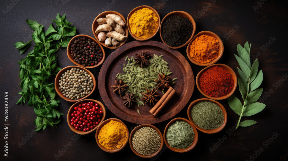 Top view spices and herbs on dark background, Generative AI