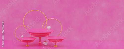 3d Pink podium interior minimal scene with podium and geometric forms Stage pedestal Background for cosmetic product and mock up presentation Minimal three-dimensional 3D render illustration