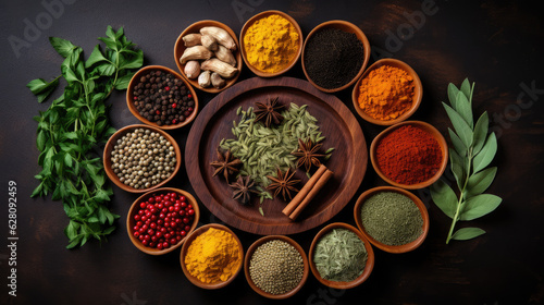 Top view spices and herbs on dark background, Generative AI