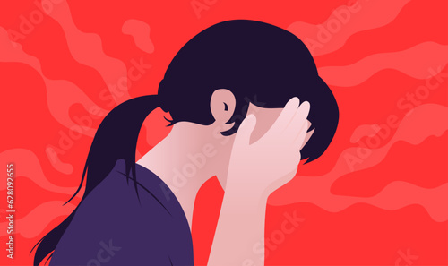 Woman depression - Vector illustration of girl with mental health problem. Anxiety and burnout concept, flat design with red background