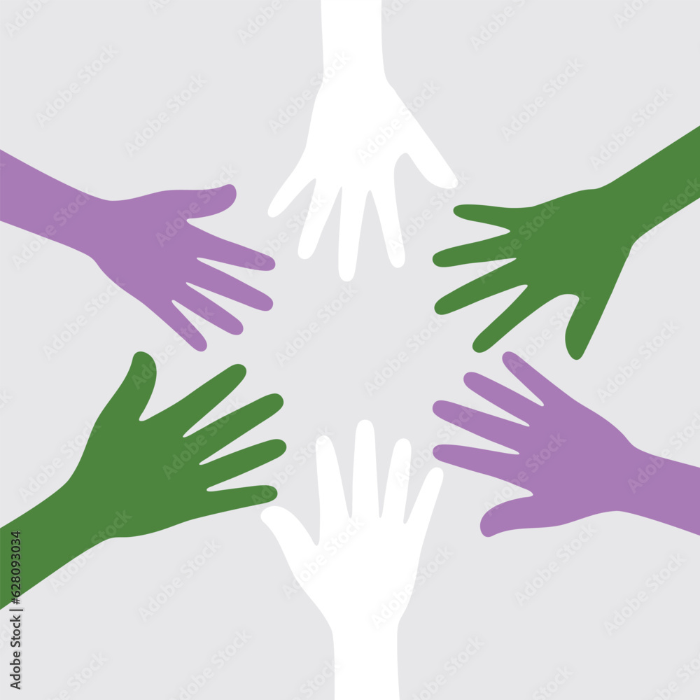 Obraz premium Silhouette of purple, white, and green colored hands as the colors of the genderqueer flag. Flat design illustration.