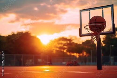 Sunset Hoops Outdoor Basketball Court in Action. Generative Ai