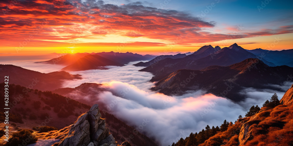 mountain peak above the clouds epic sunset made with Generative AI