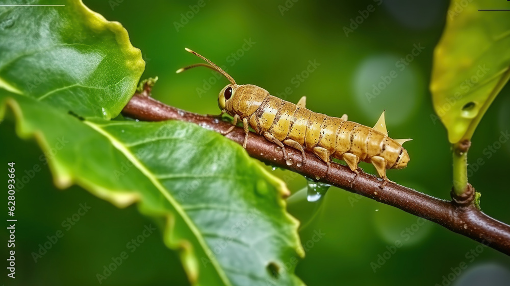 Fototapeta premium Caterpillar Bedstraw Hawk Moth crawls on a branch during the rain. Caterpillar (Hyles gallii) the bedstraw hawk-moth or galium sphinx, Generative AI