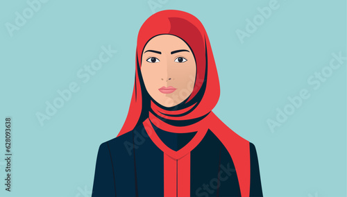 Muslim woman in hijab vector illustration - Portrait of female person face and upper body. Flat design with teal background
