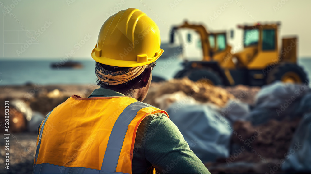 At back of the construction worker head which is wearing the safety helmet. Generative AI At back of the construction worker head which is wearing the safety helmet. Generative AI