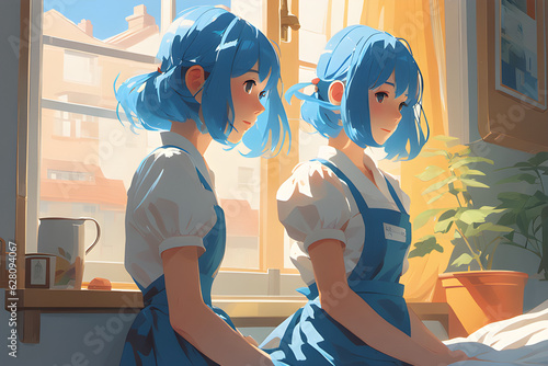 A woman in a maid's uniform with blue hair. Generative AI
