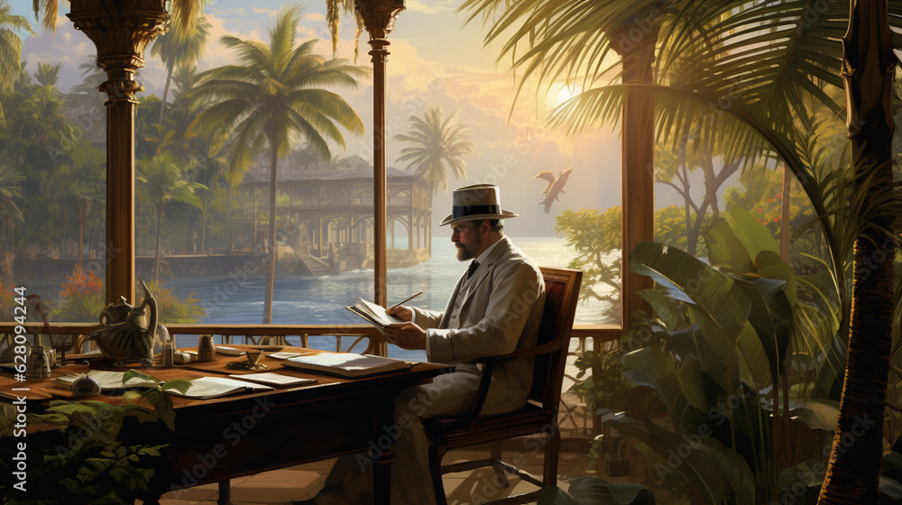 Paint a tranquil trading oasis, where a trader sits under a canopy of palm trees with a tablet, observing price charts and enjoying a tropical view Generative AI