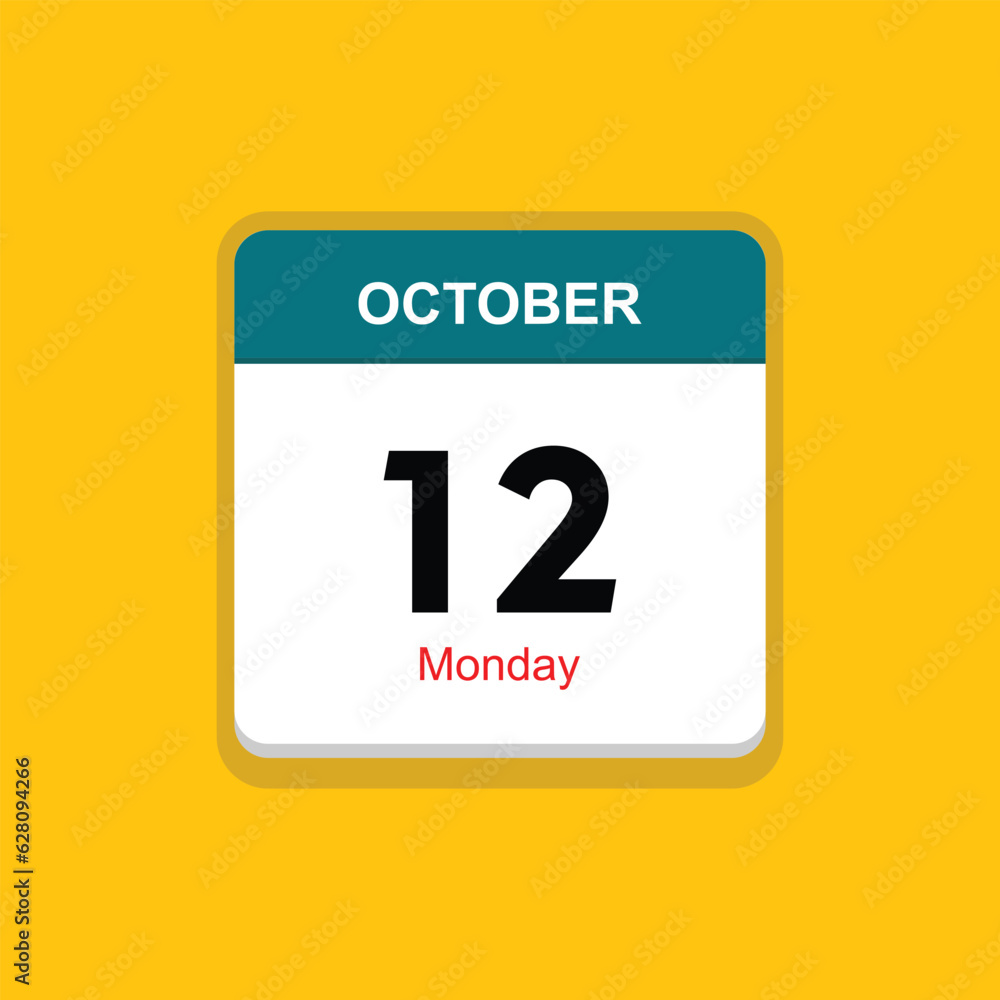 monday 12 october icon with yellow background, calender icon