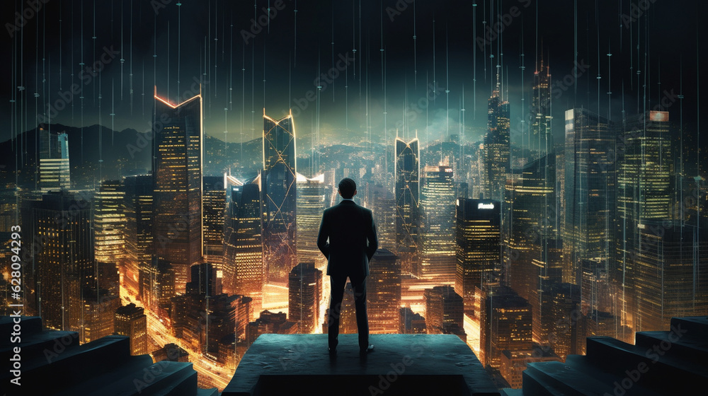 Capture a dramatic scene of a trader standing amidst an urban cityscape, with skyscrapers forming the lines of a candlestick price chart Generative AI