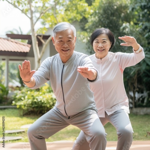 Healthy senior couple do outdoor workout exercise yoga, tai chi together in the morning. Generative AI.