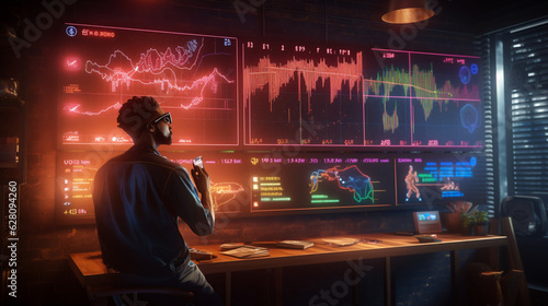 Create an otherworldly scene with a space trader analyzing intergalactic price charts on a holographic interface Generative AI