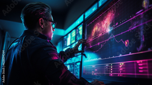 Create an otherworldly scene with a space trader analyzing intergalactic price charts on a holographic interface Generative AI