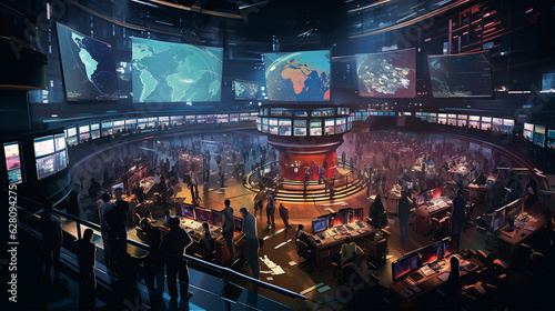 Capture an aerial view of a bustling trading floor  with traders surrounded by towering screens displaying live price charts Generative AI