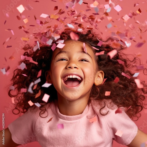 Birthday child happy girl with confetti on colored background. Generative AI.
