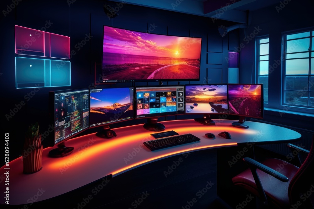 Illustration of a desk with three computer monitors and a keyboard, created using generative AI Illustration of a desk with three computer monitors and a keyboard, created using generative AI
