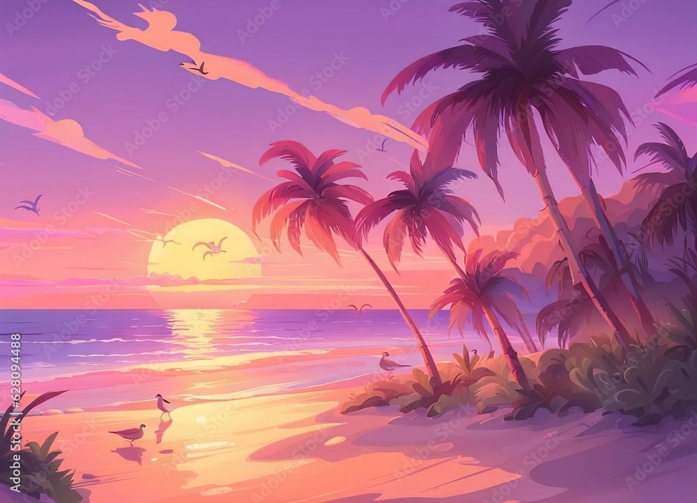 sunset on the beach in pink shades