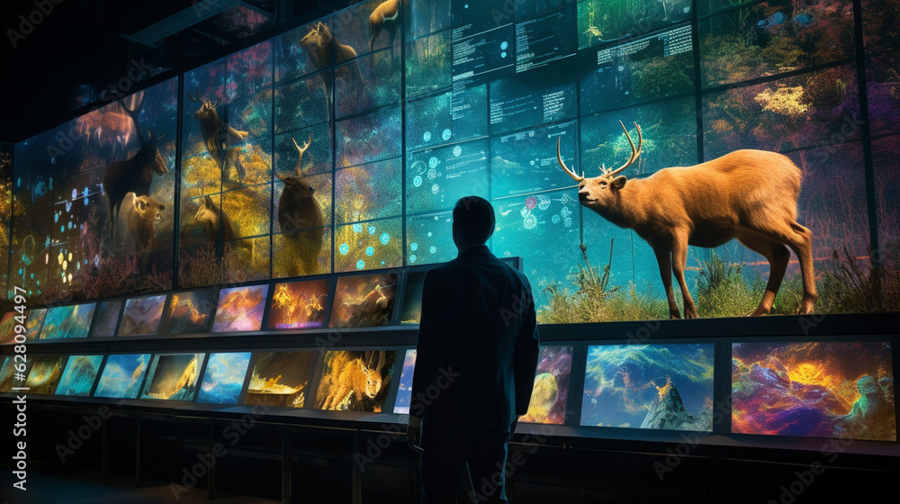 Capture an artistic fusion of nature and technology, with a trader observing price charts while surrounded by digital projections of wildlife Generative AI