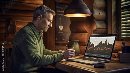 Create a cozy mountain retreat trading station, with a trader using a tablet to analyze price charts while nestled in a log cabin Generative AI