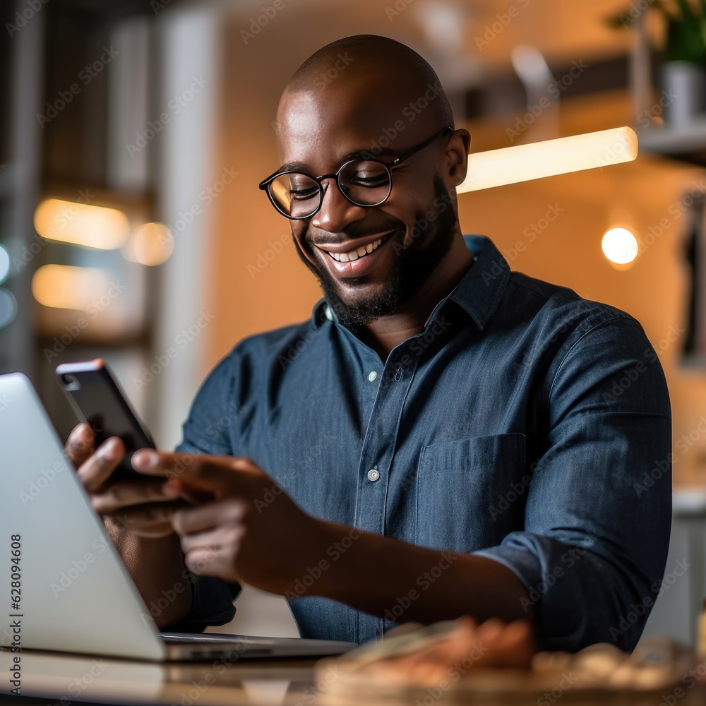 Man in casual shirt paying with credit card online while making orders via the Internet, using mobil bank application. Generative AI. Man in casual shirt paying with credit card online while making orders via the Internet, using mobil bank application. Generative AI.