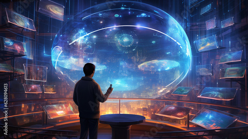 Illustrate a mesmerizing scene of a trader surrounded by floating holographic price charts, forming a futuristic dome-like display Generative AI photo