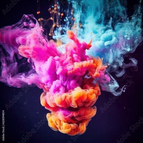 Illustration of colorful smoke floating in the air on a black background, created using generative AI