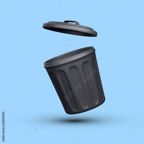 3d realistic black open trash can isolated on blue background. Vector illustration
