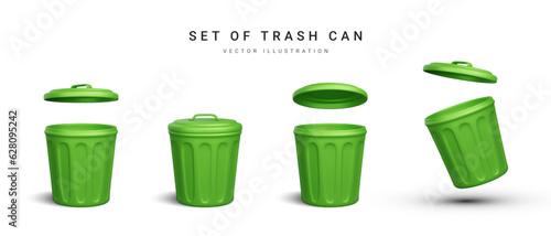 Set of 3d realistic green trash can on white background. Vector illustration