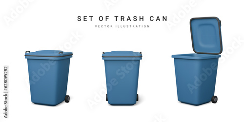 Set of 3d realistic blue trash cans isolated on white background. Vector illustration